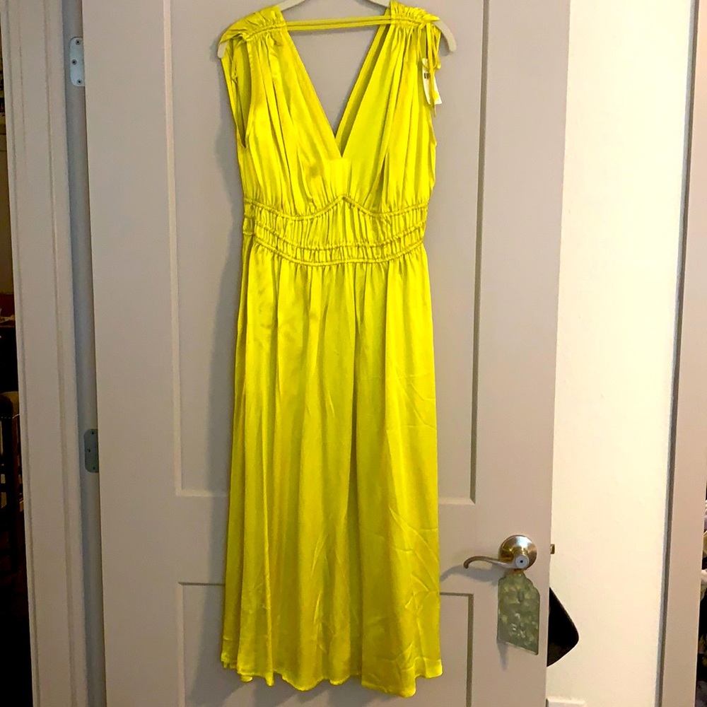 Dress is a bright yellow/green midi dress. It still has price tags, never worn.